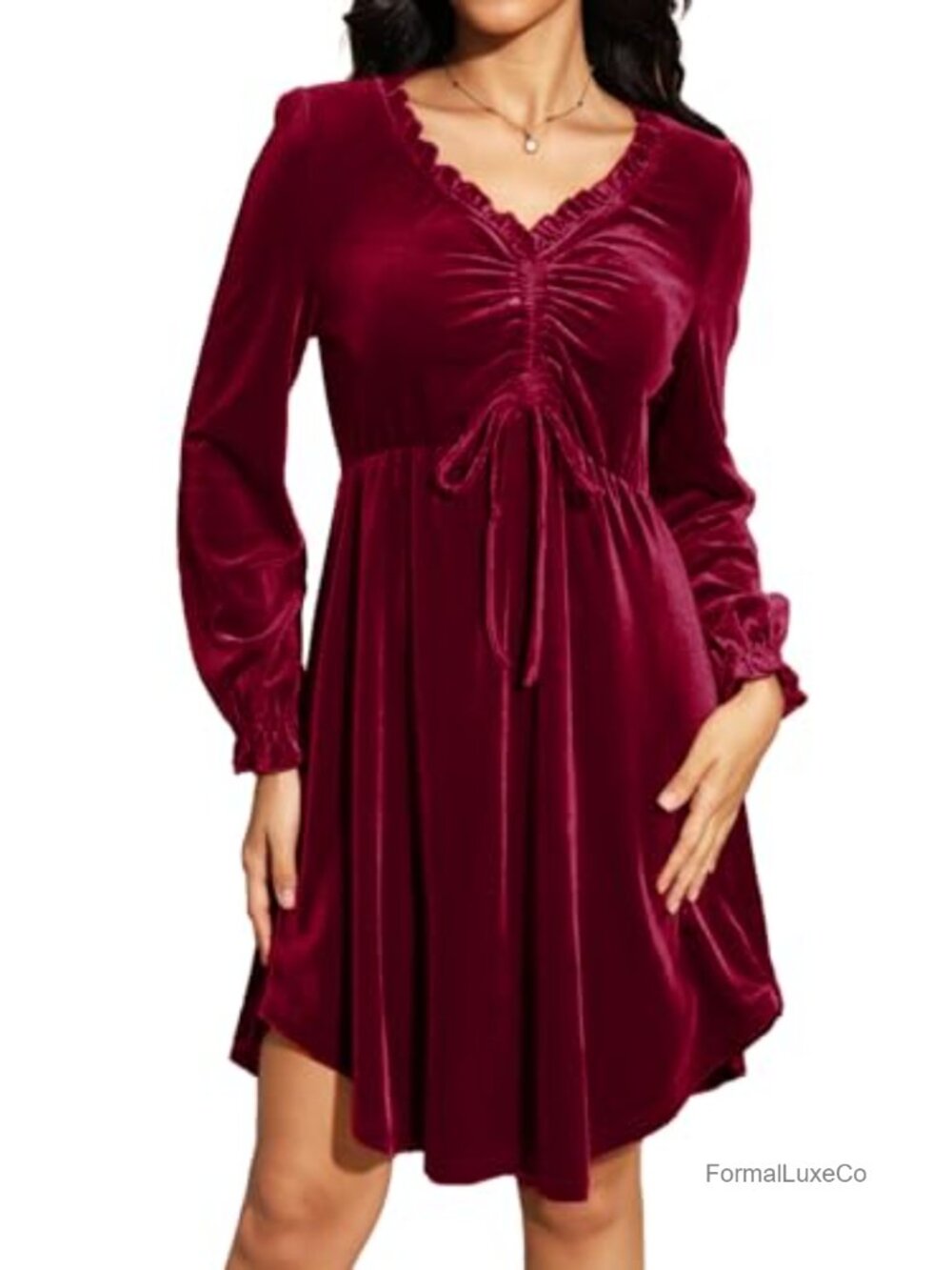 Velvet V Neck Tie Front Ruffle Long Sleeve Mini Dress Wedding Guest Maternity